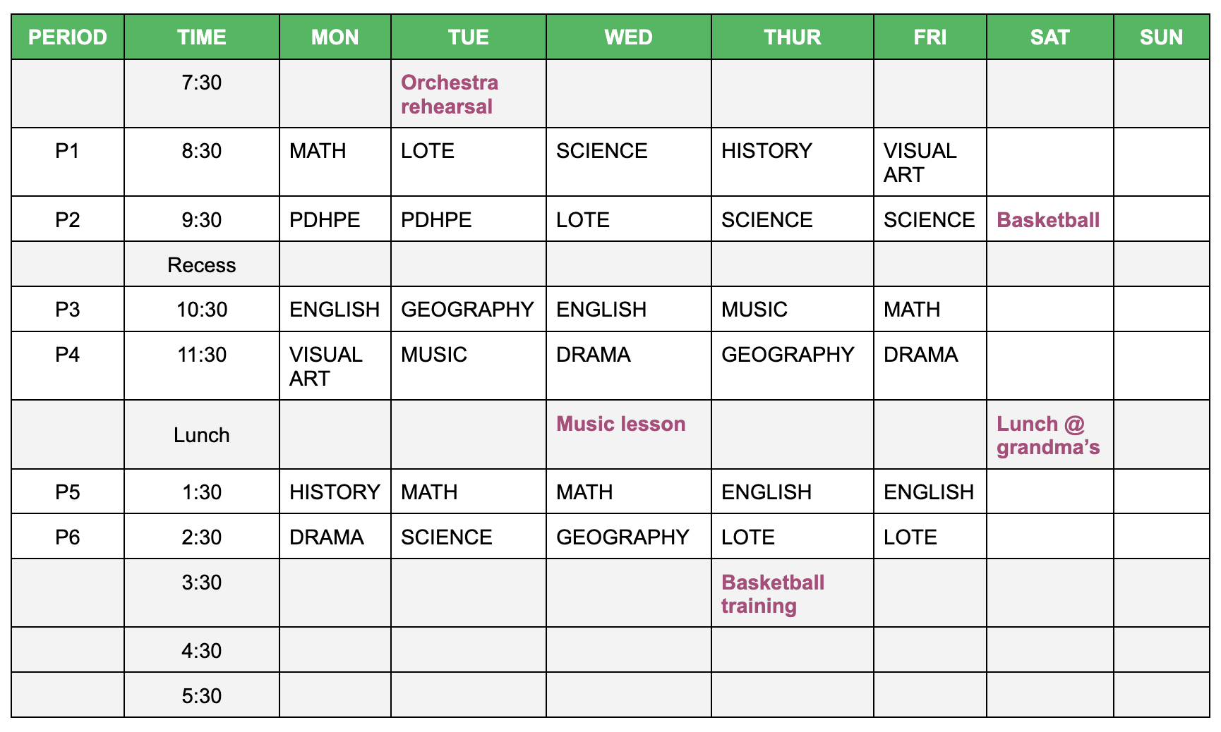 Timetable including other commitments
